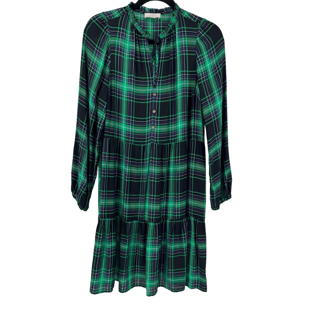 LOFT Women's Green Blue Plaid‎ Tiered Long Sleeve Dress Size S NWOT